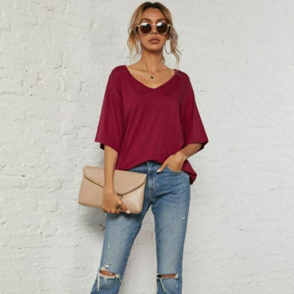 Women's Summer V-Neck 3/4 Bell Sleeve Loose Shirt